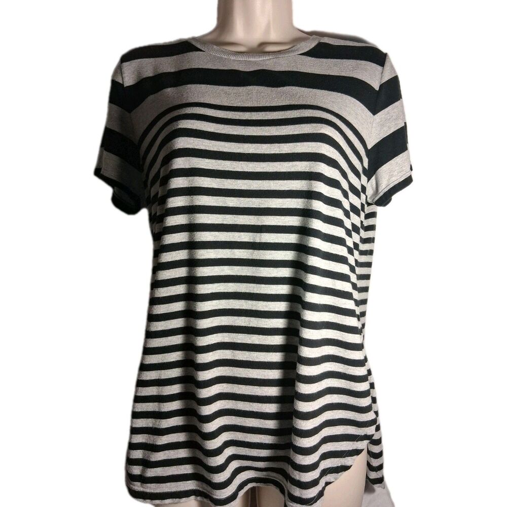 Calvin Klein Women Performance Stretch Striped Tee M Black Gray Shirt Athleisure
